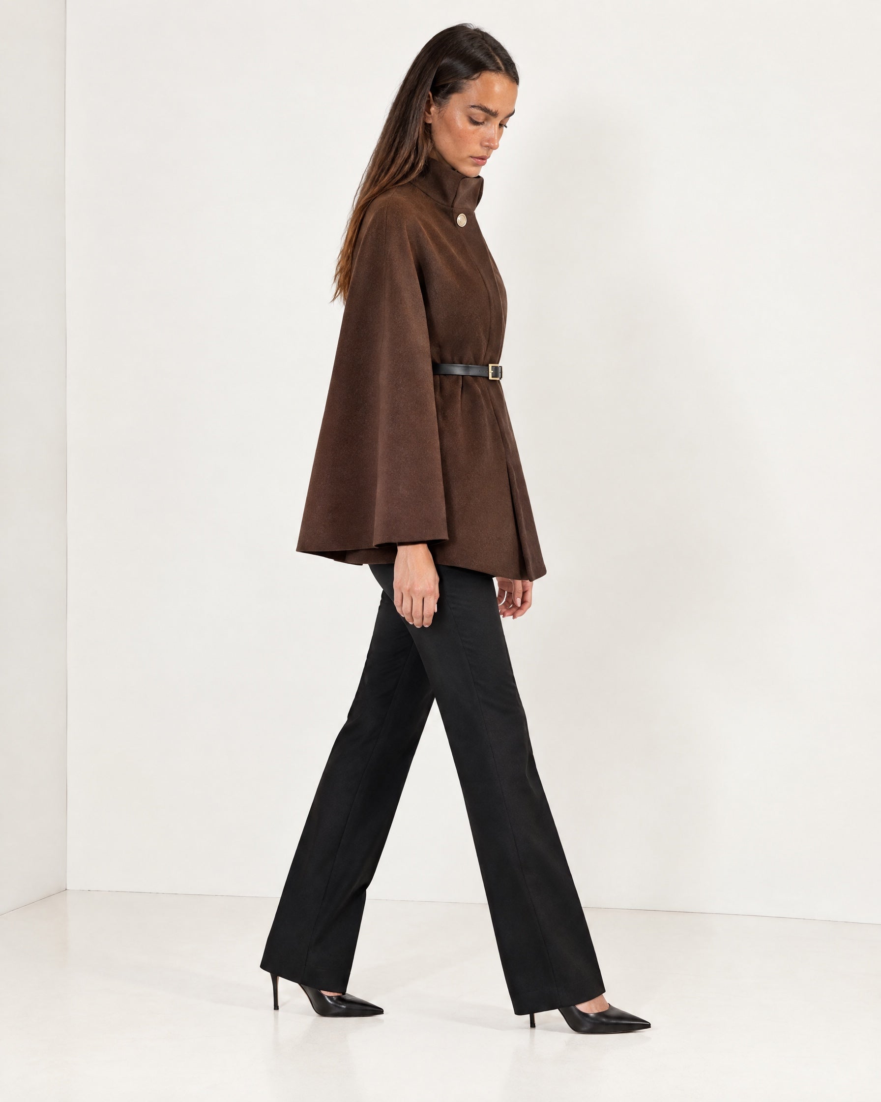 Brown Cape Coat Belted Short Cape Jacket with High Funnel Collar and Button