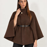 Brown Cape Coat Belted Short Cape Jacket with High Funnel Collar and Button