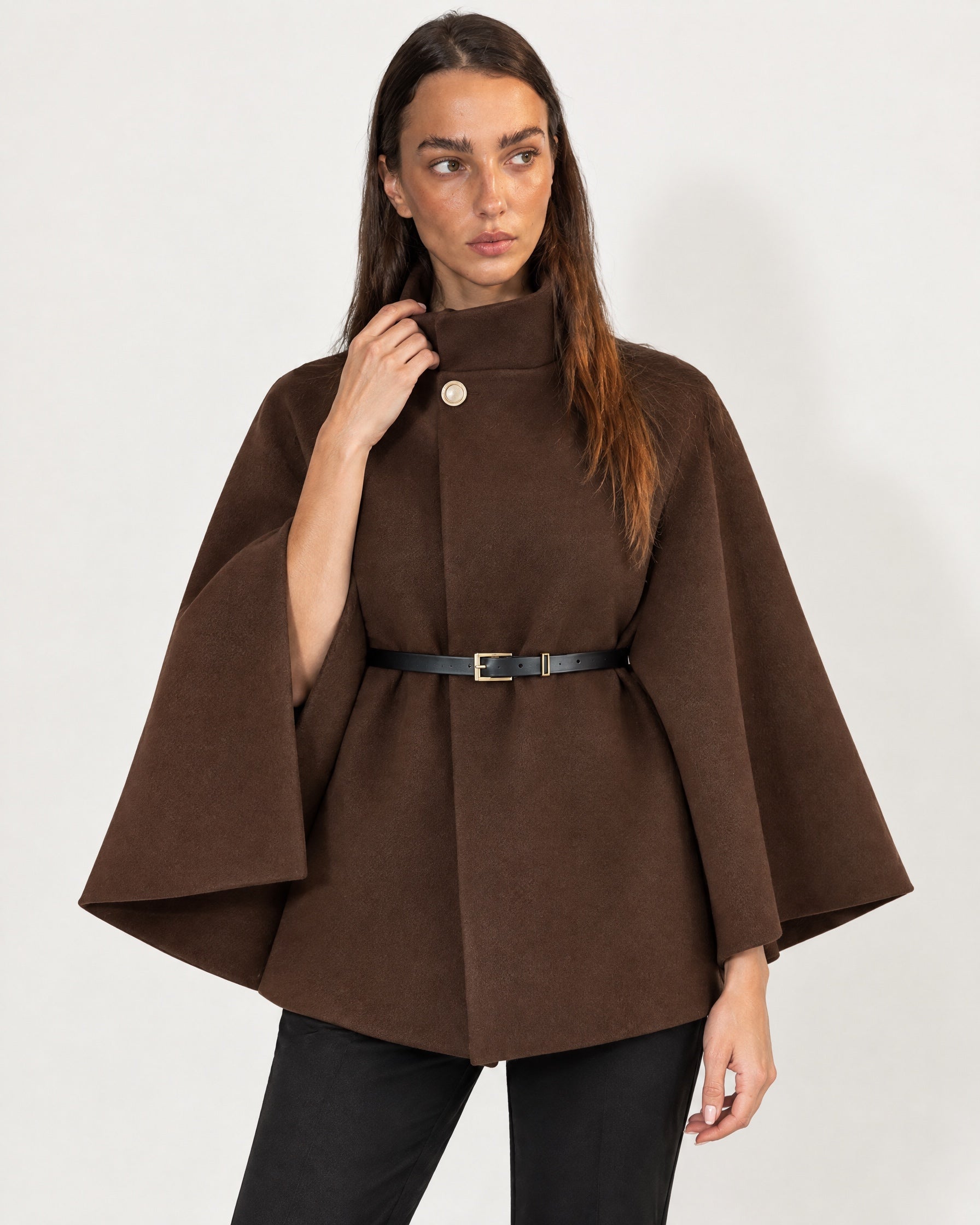 Brown Cape Coat Belted Short Cape Jacket with High Funnel Collar and Button