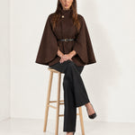Brown Cape Coat Belted Short Cape Jacket with High Funnel Collar and Button