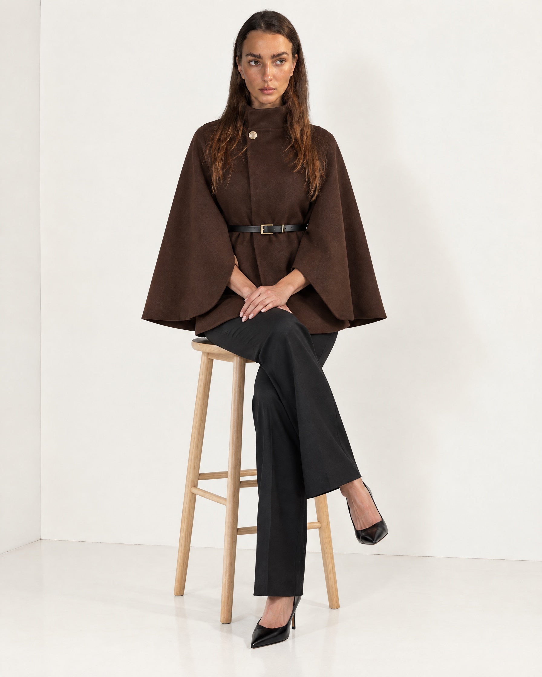 Brown Cape Coat Belted Short Cape Jacket with High Funnel Collar and Button