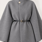 Grey Cape Coat Belted Short Cape Jacket with High Funnel Collar and Button