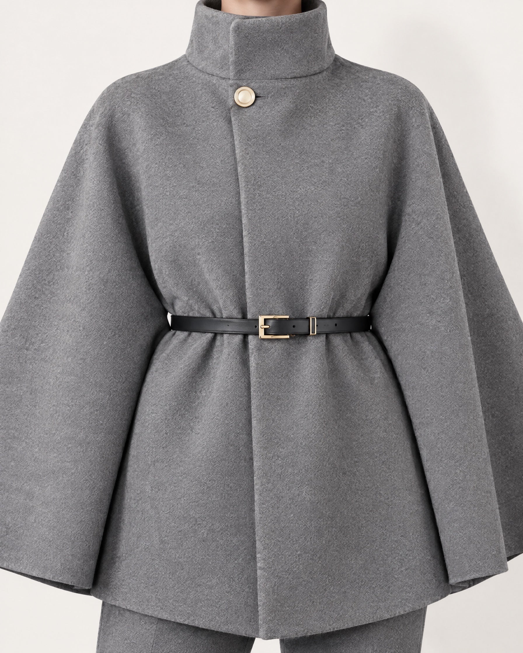 Grey Cape Coat Belted Short Cape Jacket with High Funnel Collar and Button