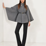 Grey Cape Coat Belted Short Cape Jacket with High Funnel Collar and Button
