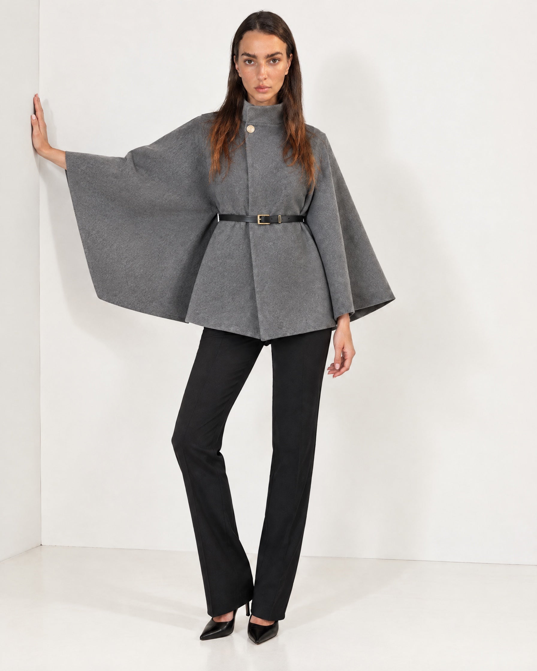 Grey Cape Coat Belted Short Cape Jacket with High Funnel Collar and Button