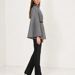 Grey Cape Coat Belted Short Cape Jacket with High Funnel Collar and Button