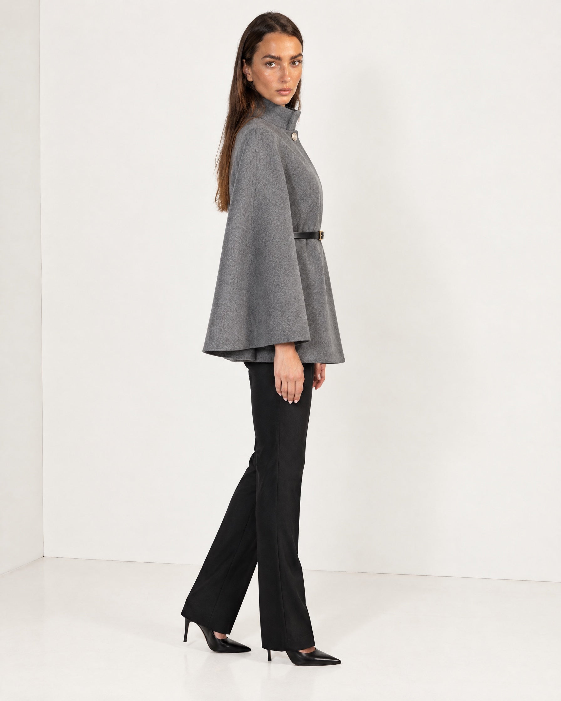 Grey Cape Coat Belted Short Cape Jacket with High Funnel Collar and Button