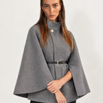 Grey Cape Coat Belted Short Cape Jacket with High Funnel Collar and Button