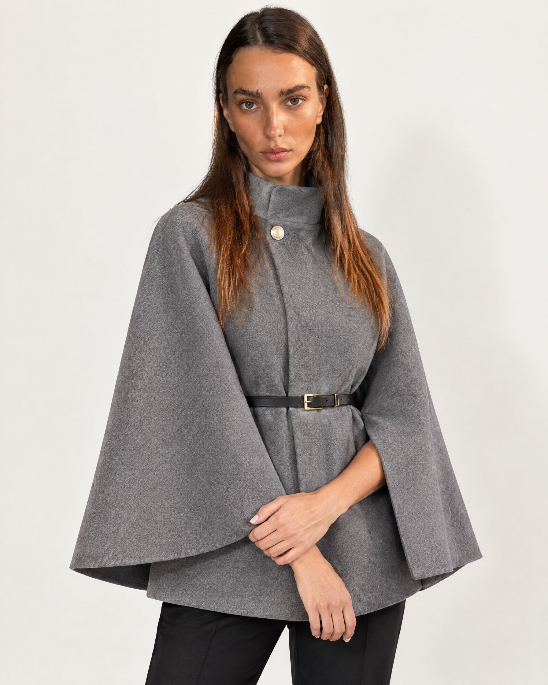 Grey Cape Coat Belted Short Cape Jacket with High Funnel Collar and Button