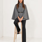Grey Cape Coat Belted Short Cape Jacket with High Funnel Collar and Button