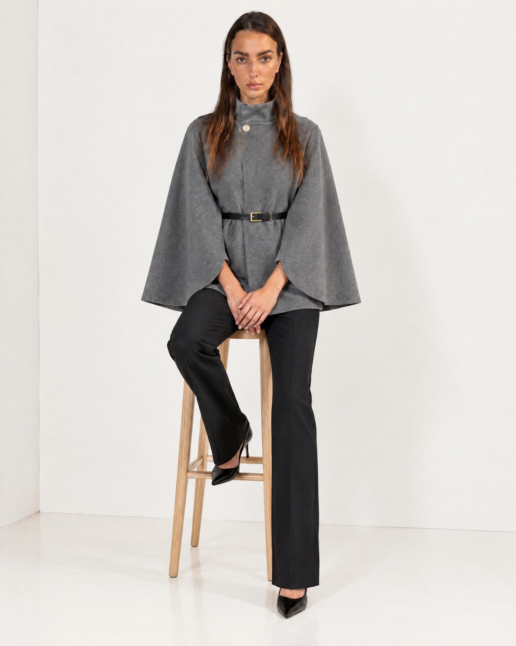 Grey Cape Coat Belted Short Cape Jacket with High Funnel Collar and Button