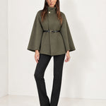 Khaki Cape Coat Belted Short Cape Jacket with High Funnel Collar and Button