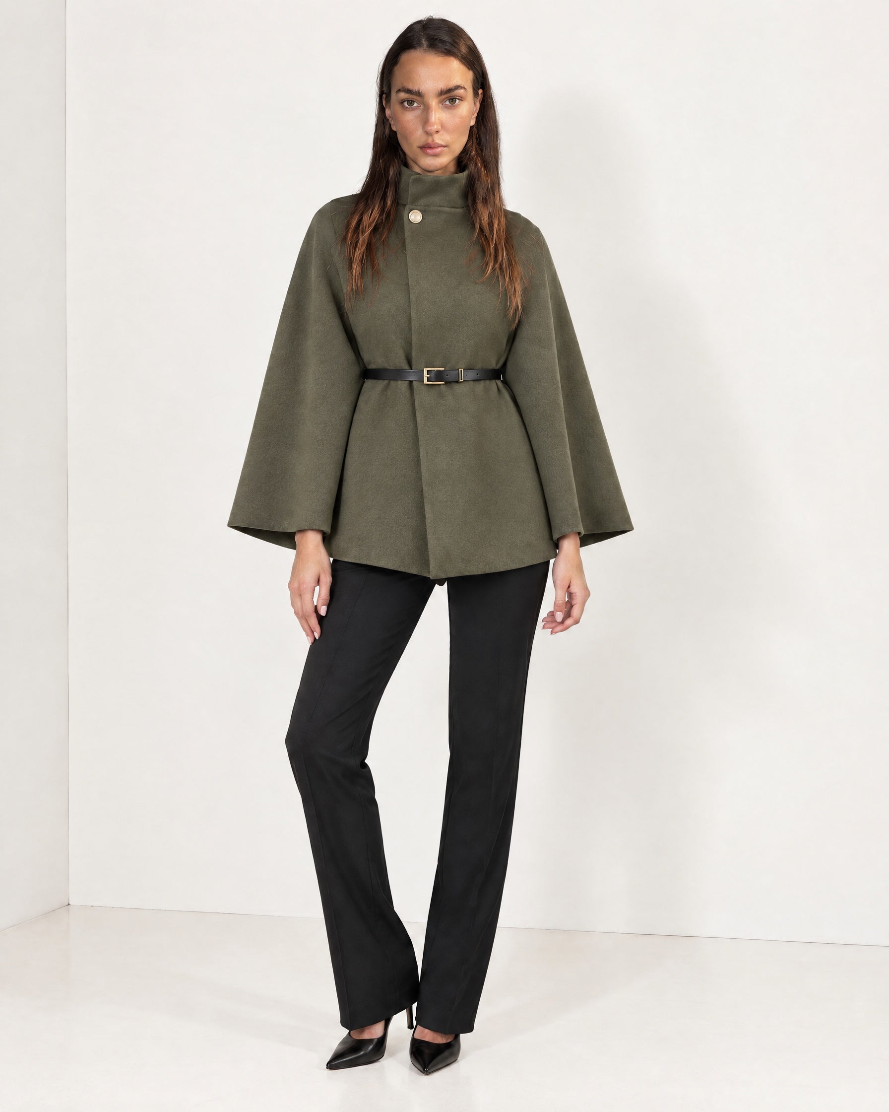 Khaki Cape Coat Belted Short Cape Jacket with High Funnel Collar and Button