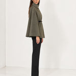 Khaki Cape Coat Belted Short Cape Jacket with High Funnel Collar and Button