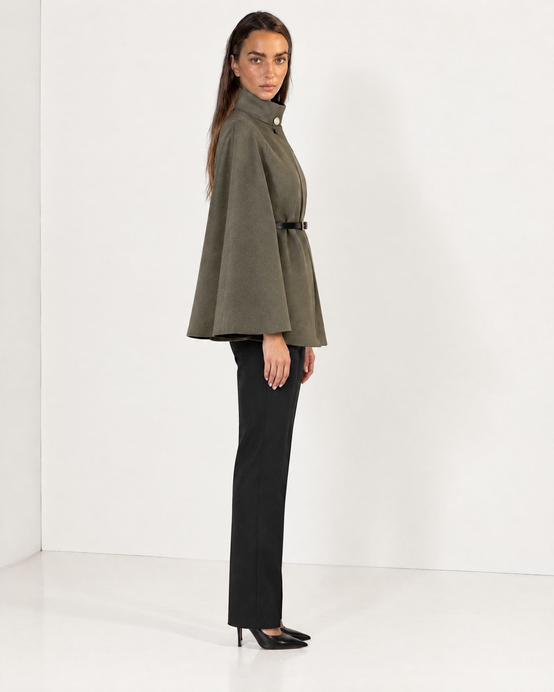 Khaki Cape Coat Belted Short Cape Jacket with High Funnel Collar and Button