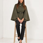 Khaki Cape Coat Belted Short Cape Jacket with High Funnel Collar and Button