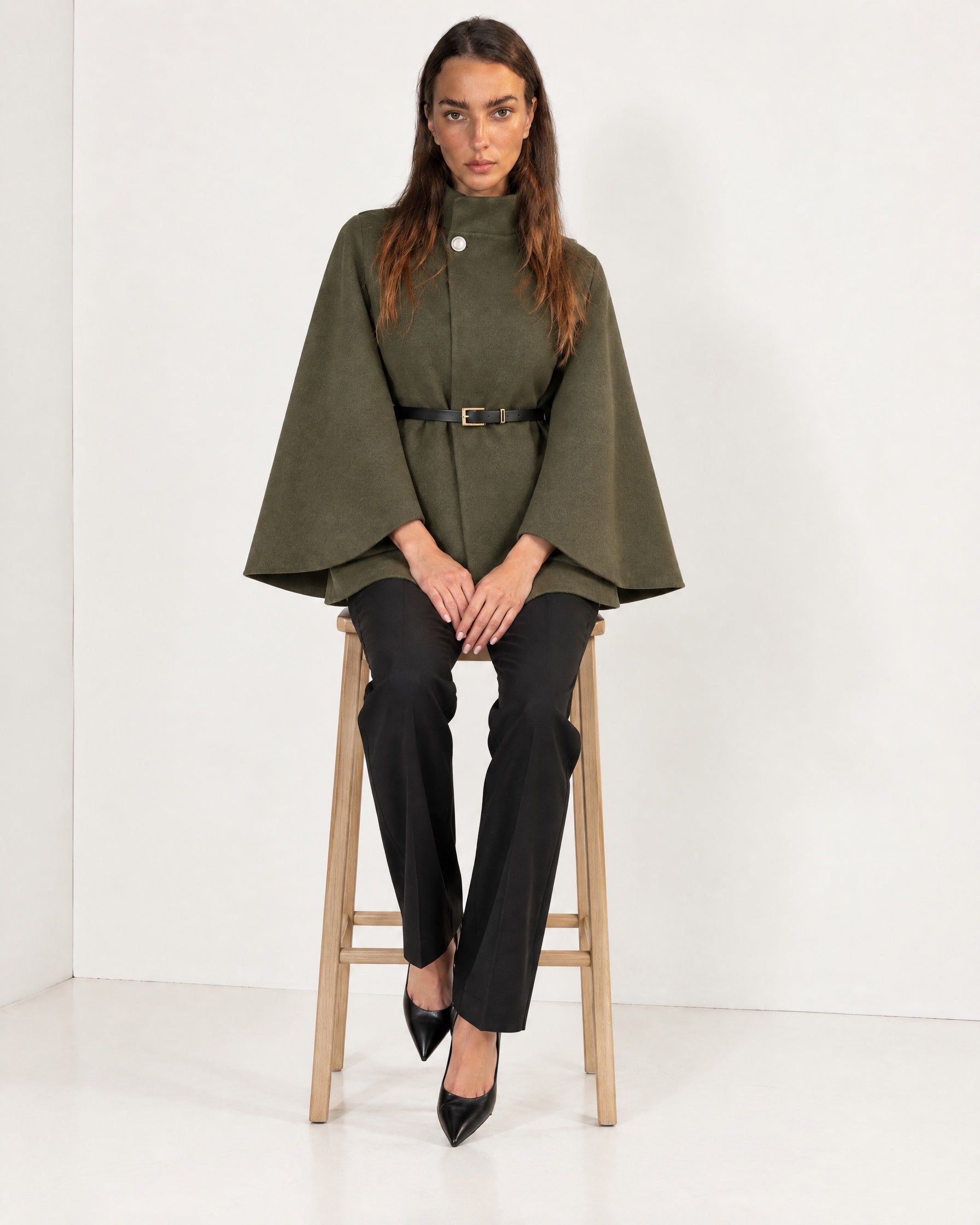 Khaki Cape Coat Belted Short Cape Jacket with High Funnel Collar and Button