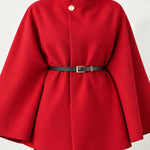 Red Cape Coat Belted Short Cape Jacket with High Funnel Collar and Button