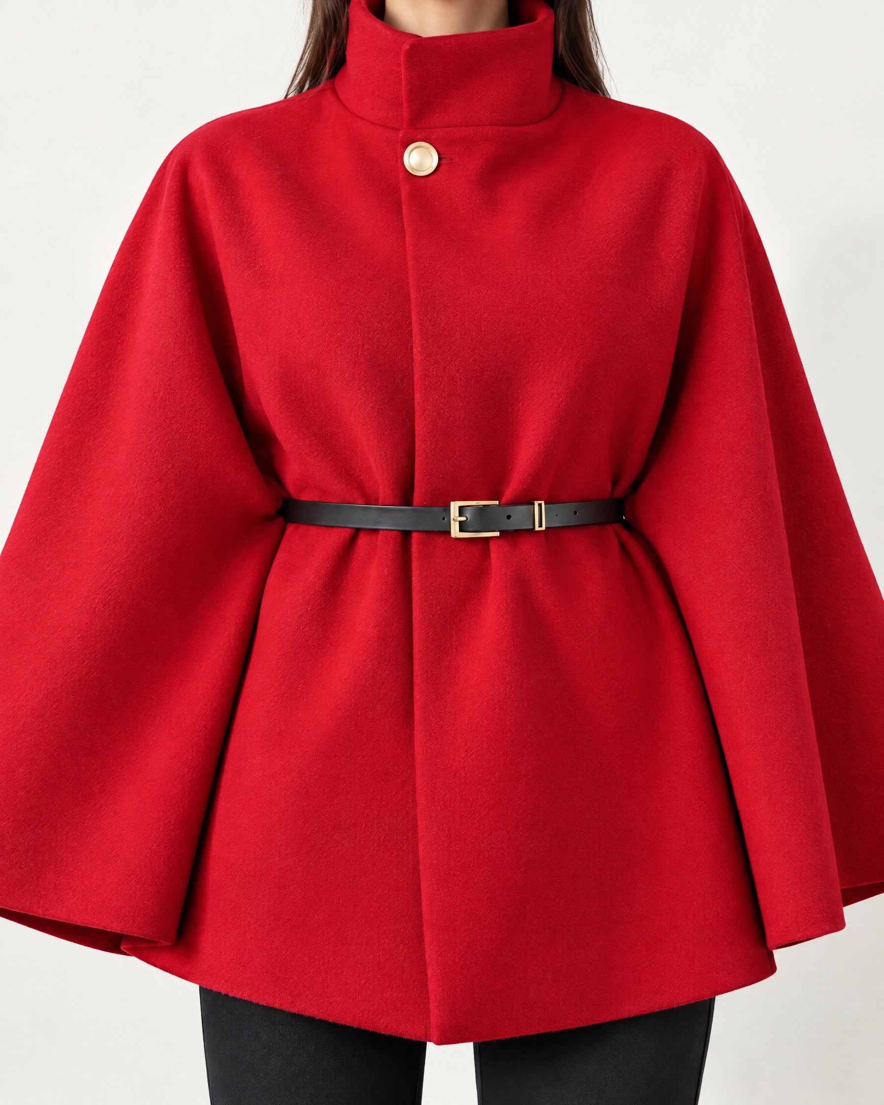 Red Cape Coat Belted Short Cape Jacket with High Funnel Collar and Button