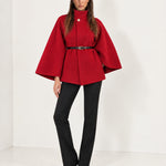 Red Cape Coat Belted Short Cape Jacket with High Funnel Collar and Button