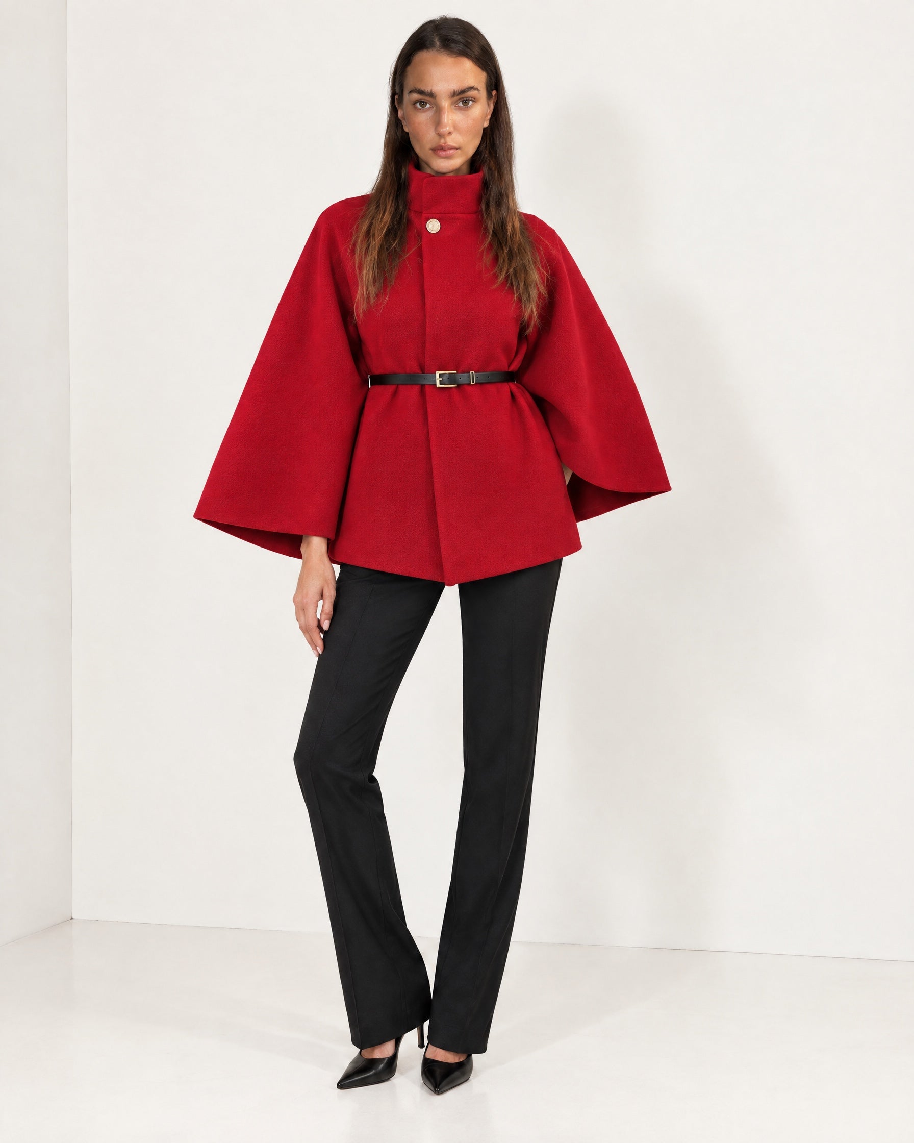Red Cape Coat Belted Short Cape Jacket with High Funnel Collar and Button