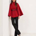 Red Cape Coat Belted Short Cape Jacket with High Funnel Collar and Button