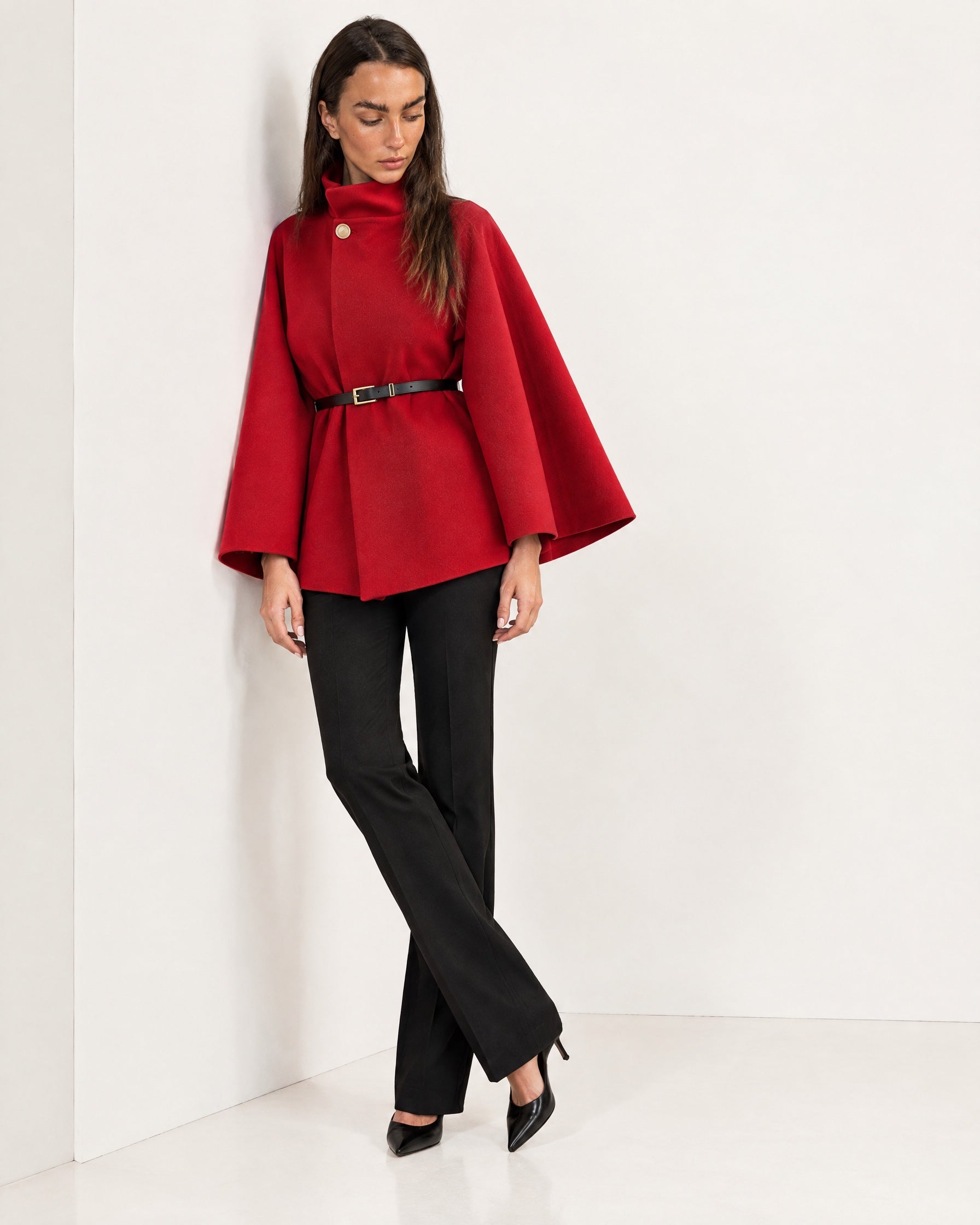 Red Cape Coat Belted Short Cape Jacket with High Funnel Collar and Button