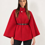 Red Cape Coat Belted Short Cape Jacket with High Funnel Collar and Button