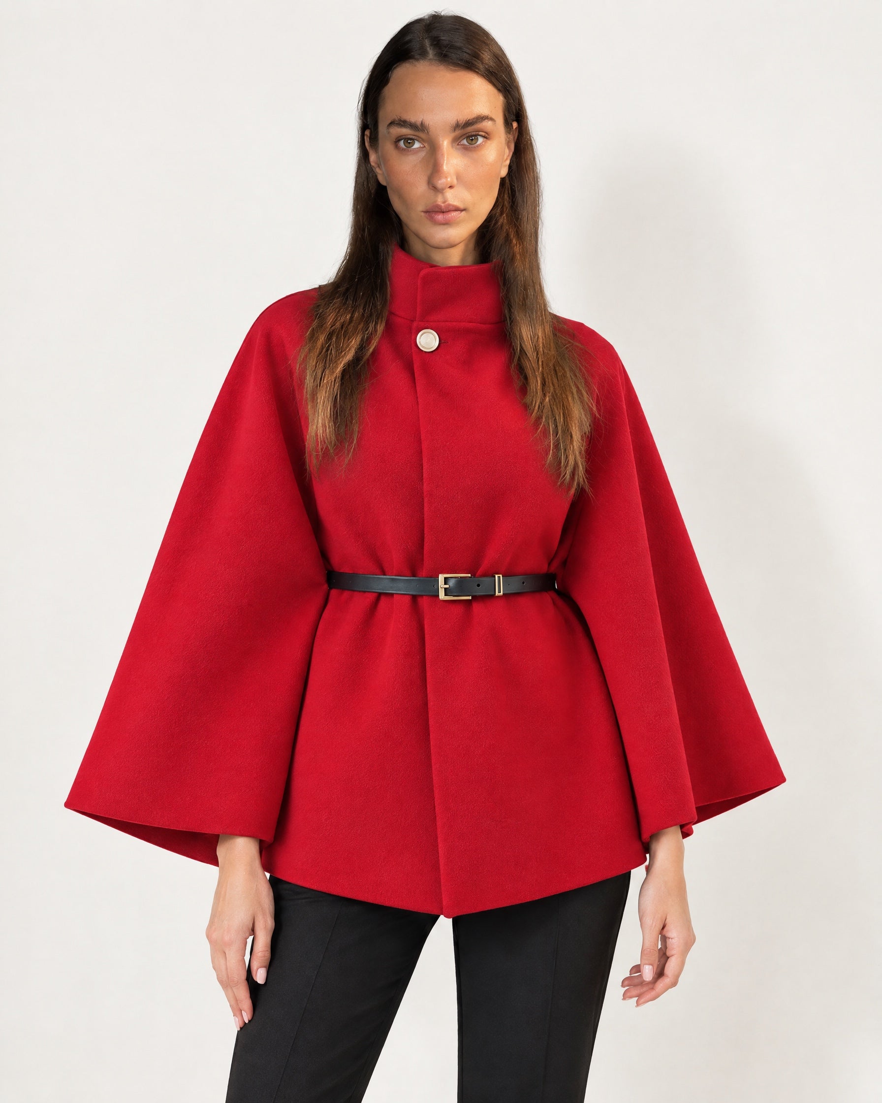 Red Cape Coat Belted Short Cape Jacket with High Funnel Collar and Button