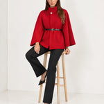 Red Cape Coat Belted Short Cape Jacket with High Funnel Collar and Button