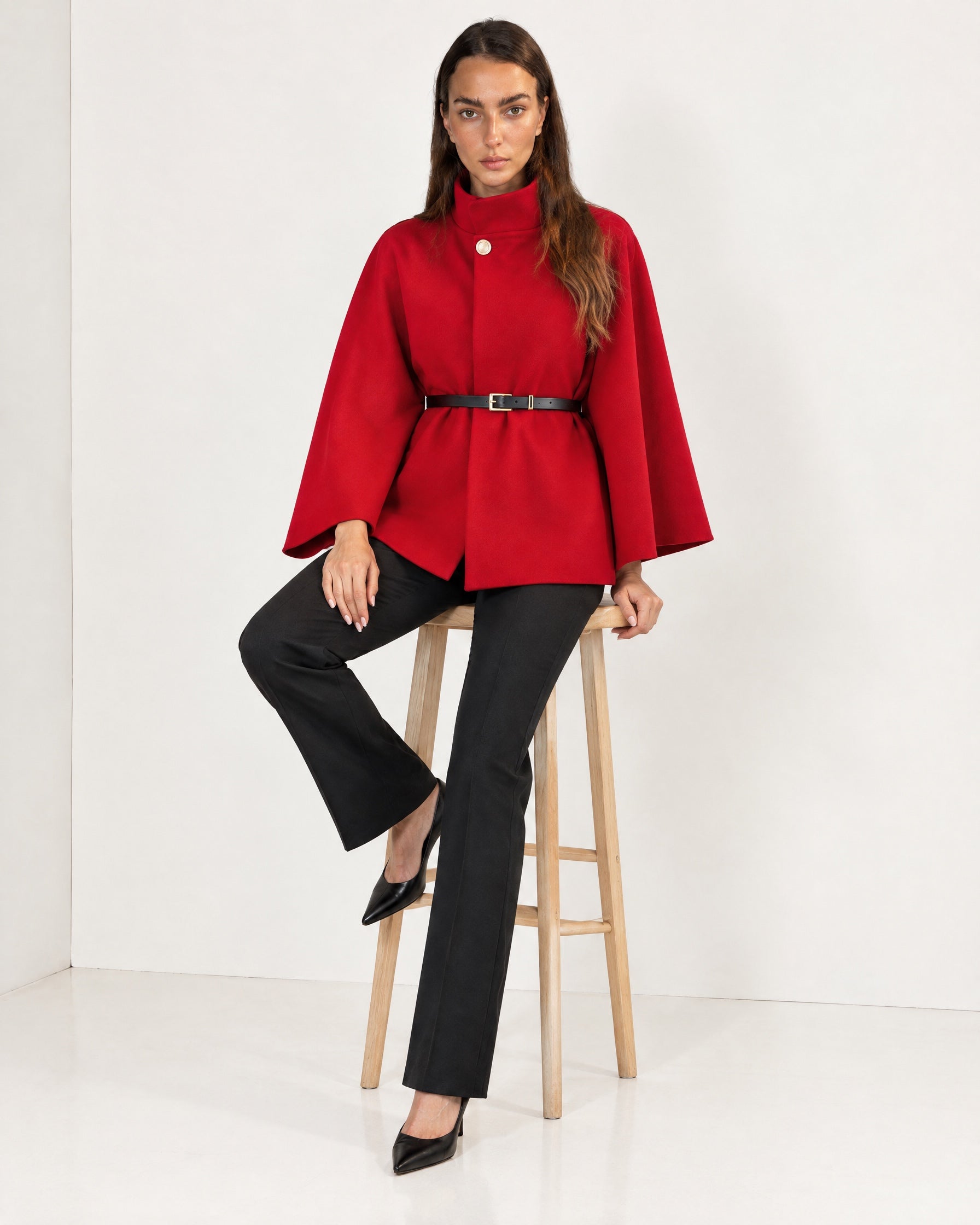 Red Cape Coat Belted Short Cape Jacket with High Funnel Collar and Button
