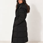 Black Belted Puffer Coat Long Hooded
