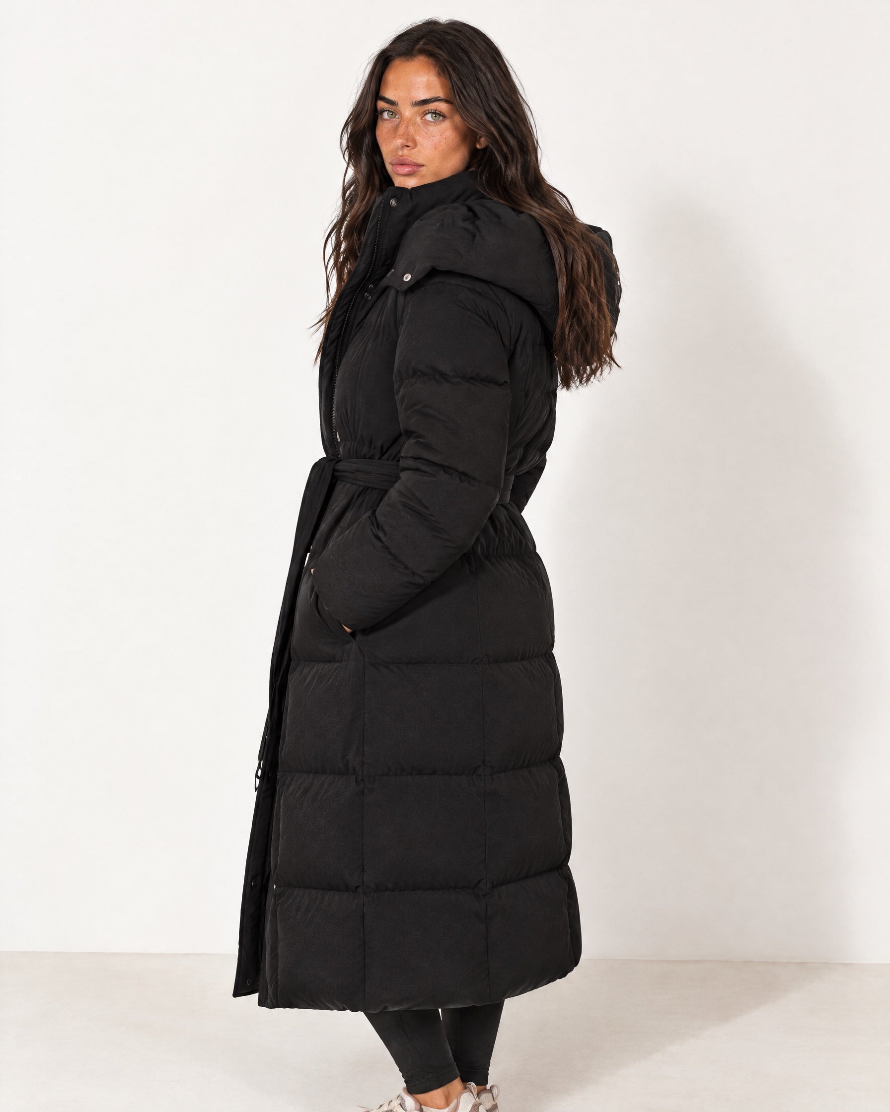 Black Belted Puffer Coat Long Hooded