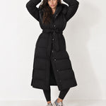 Black Belted Puffer Coat Long Hooded