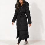 Black Belted Puffer Coat Long Hooded