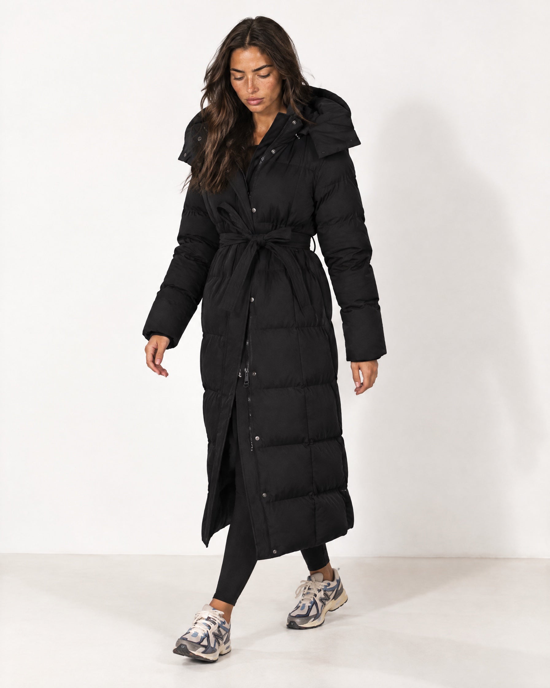 Black Belted Puffer Coat Long Hooded