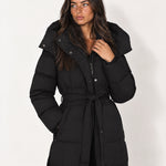 Black Belted Puffer Coat Long Hooded