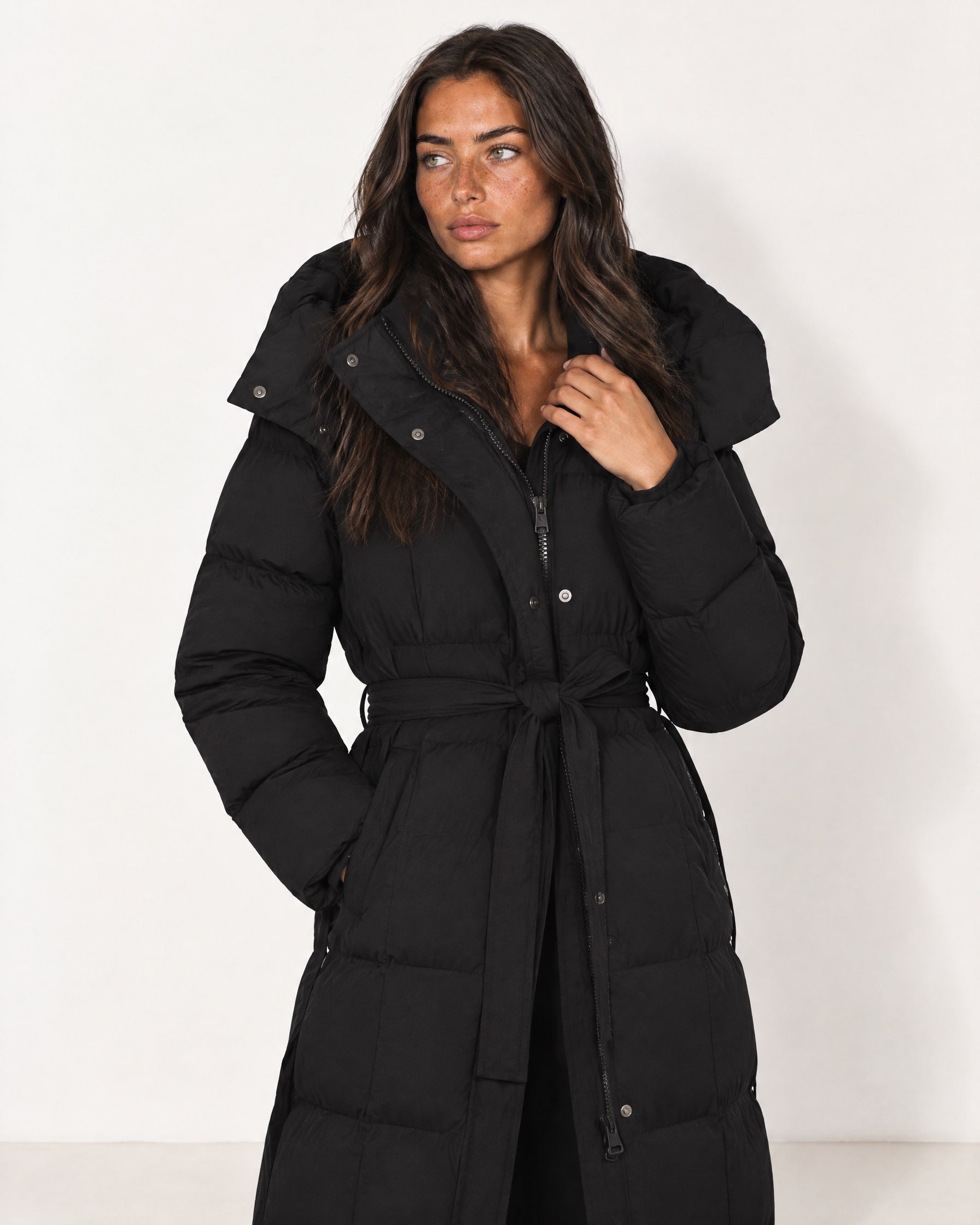 Black Belted Puffer Coat Long Hooded