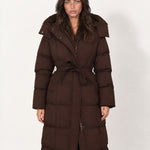 Brown Belted Puffer Coat Long Hooded