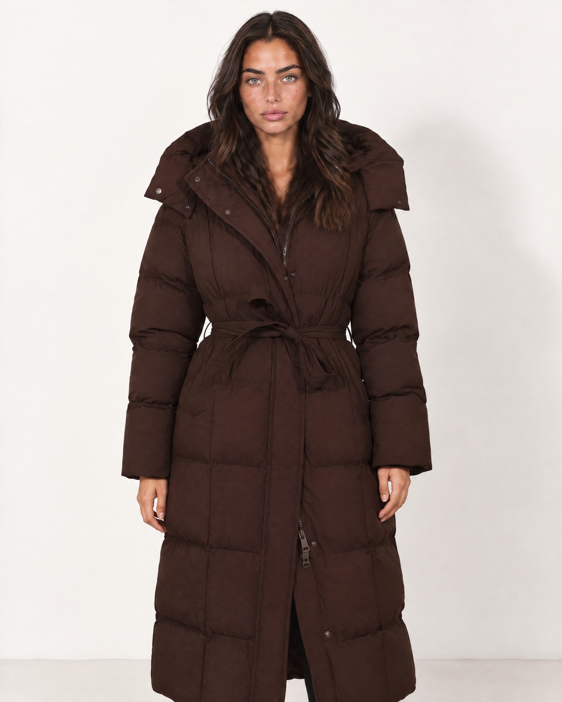 Brown Belted Puffer Coat Long Hooded
