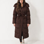 Brown Belted Puffer Coat Long Hooded