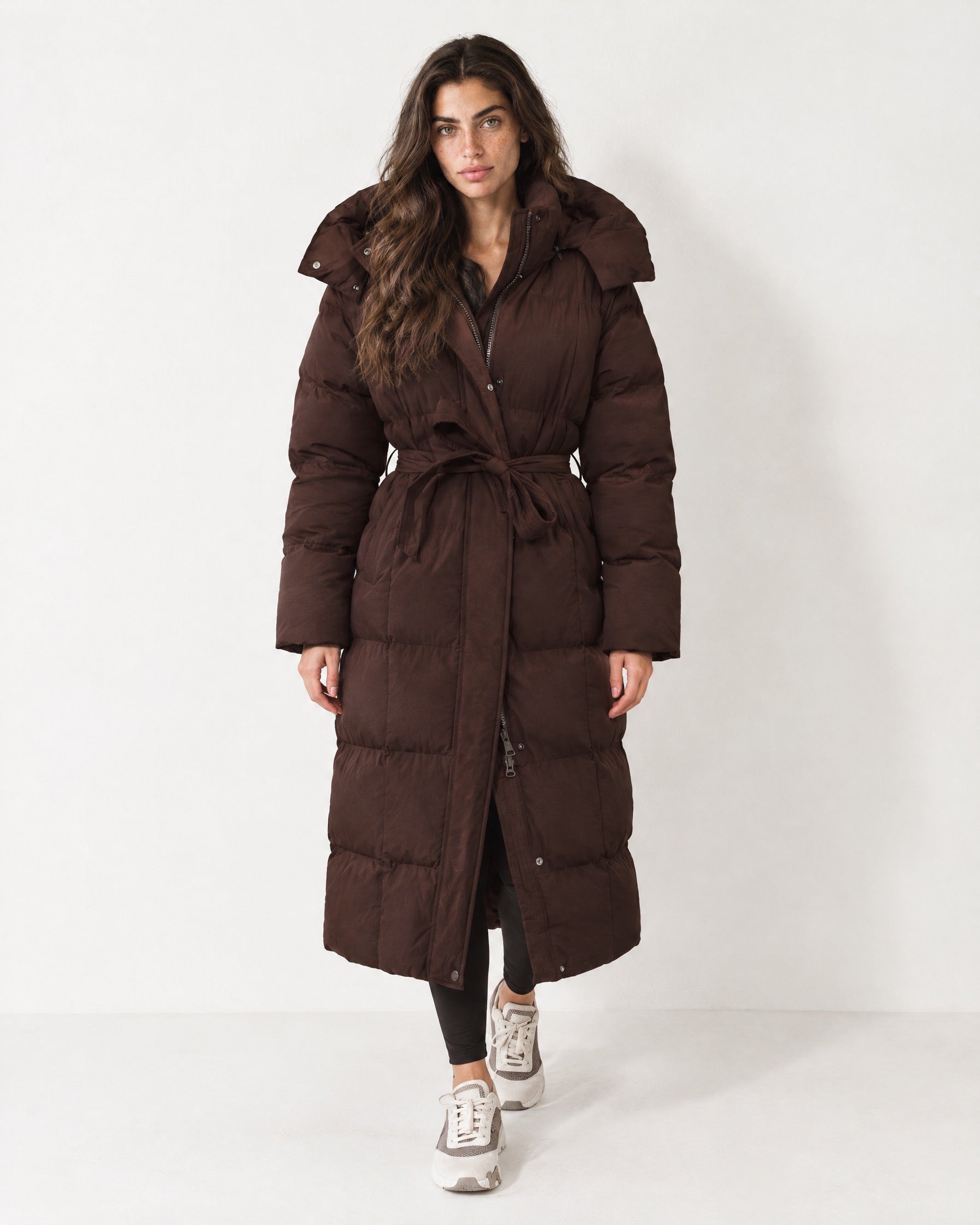 Brown Belted Puffer Coat Long Hooded