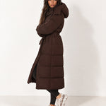 Brown Belted Puffer Coat Long Hooded