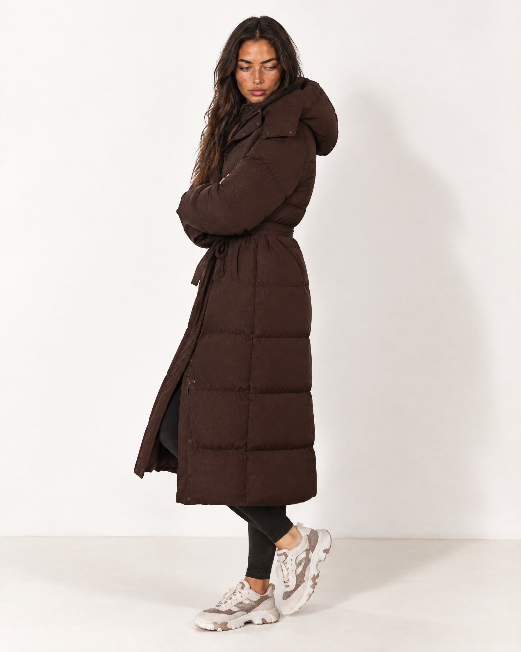 Brown Belted Puffer Coat Long Hooded