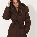 Brown Belted Puffer Coat Long Hooded