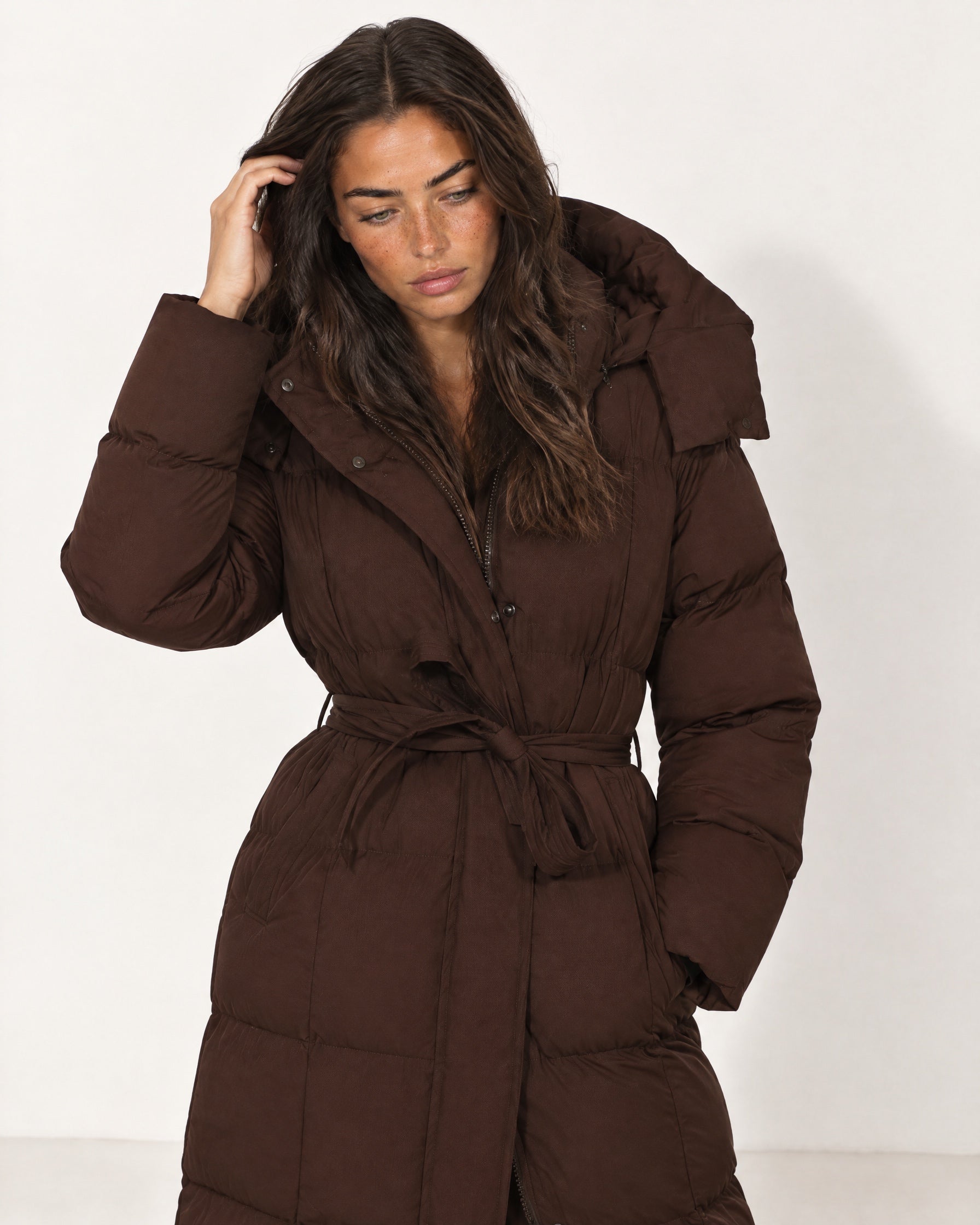 Brown Belted Puffer Coat Long Hooded