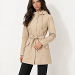 Beige Hooded Trench Coat Belted Button Front