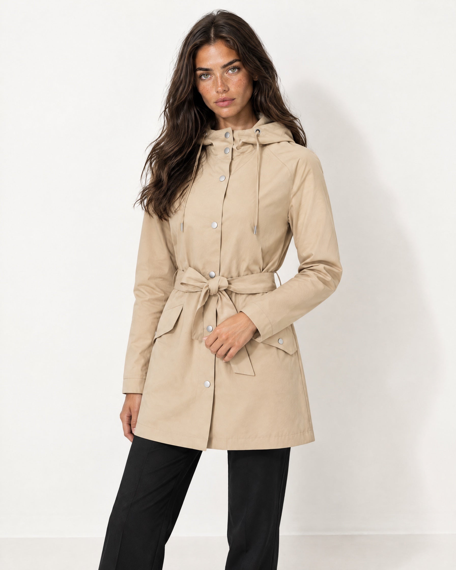 Beige Hooded Trench Coat Belted Button Front