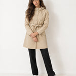 Beige Hooded Trench Coat Belted Button Front