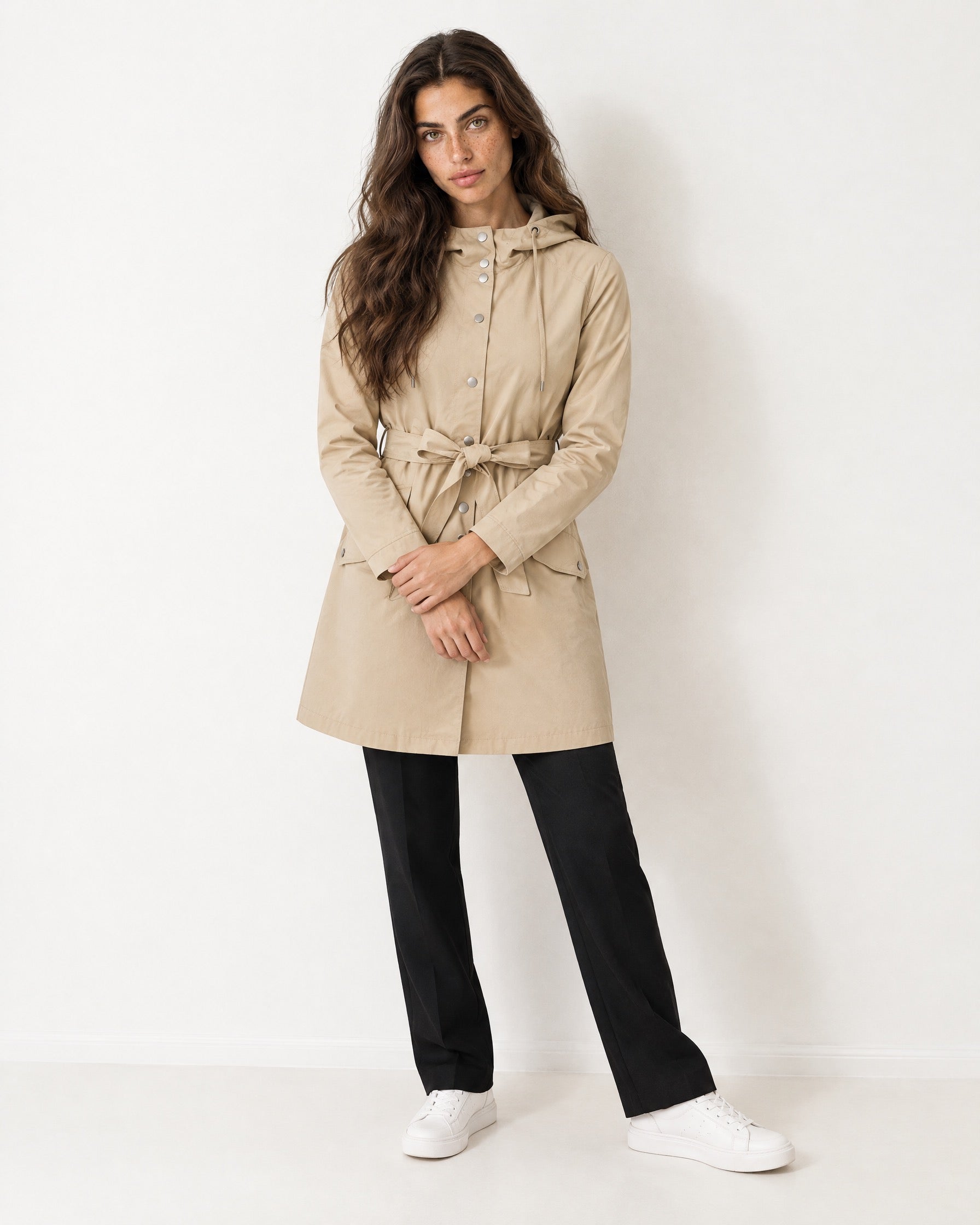 Beige Hooded Trench Coat Belted Button Front